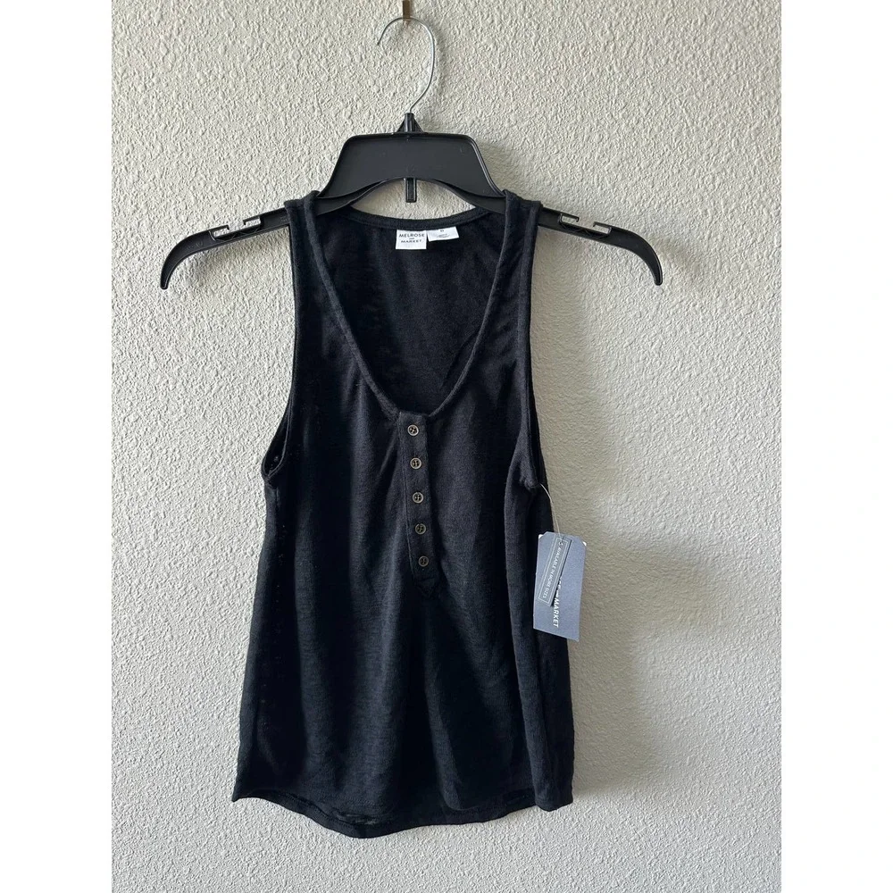 Melrose & Market Women Tank Top Sleeveless V Neck Black Button Front - Picture 3 of 15